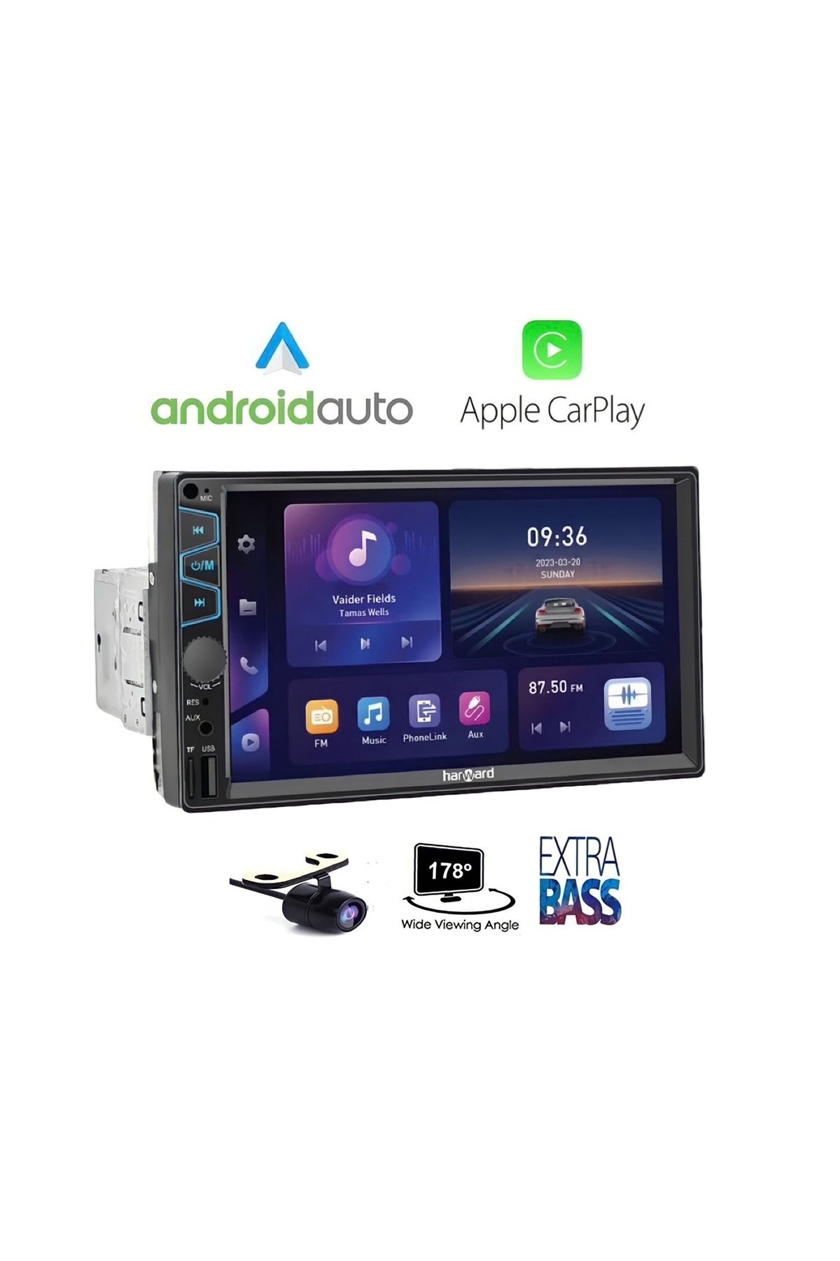 Harward HR-G752 İnce Kasa Ayarlanabilir Car playli Oto Double Teyp 7\'\'inç Bluetooth-Usb-Aux-Sd-Fm +Kamera