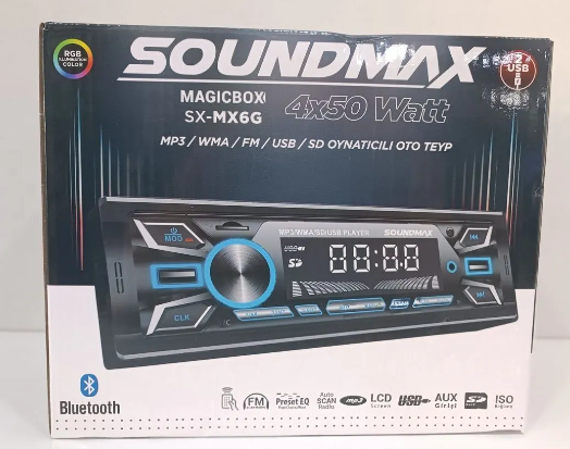 Soundmax MX6G Çift Usb Rgb Led SD Bluetooth Radyo Çift Anfi Çıkışlı Hızlı Şarj Oto Teyp