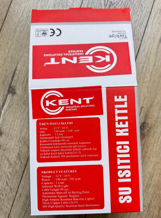 Kent 24 Volt 1litre Oto Su Isıtıcı 24v Kettle Büyük Boy Ketil Termostatlı Işıklı Yeni Model Siyah