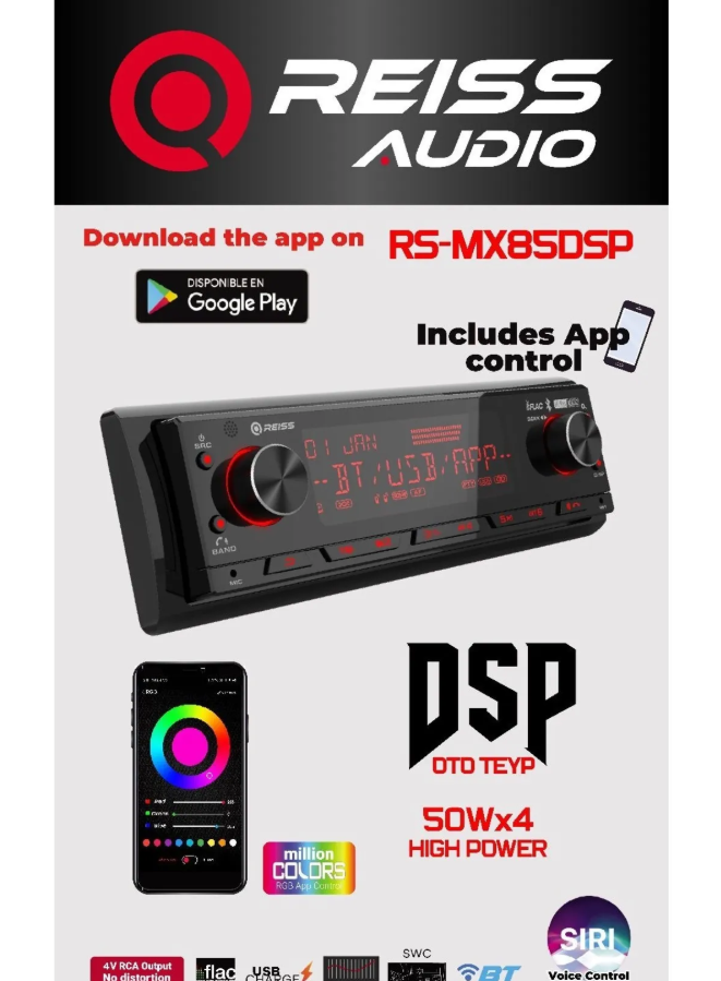 Reiss Audio Rs-mx85dsp dsp işlemcili 3amfi 4v Rca Çıkışlı Profesyonel Oto Teyp rgb Bluetooth-Usb