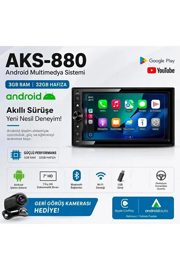 Mehter Aks-880 3gb Ram 32Gb Hafıza Android Multimedya Car Playli Double Teyp Tuşlu Model 7inç Youtube Kamera