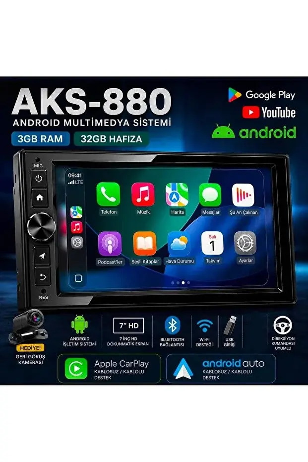 Mehter Aks-880 3gb Ram 32Gb Hafıza Android Multimedya Car Playli Double Teyp Tuşlu Model 7inç Youtube Kamera