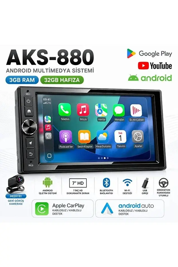 Mehter Aks-880 3gb Ram 32Gb Hafıza Android Multimedya Car Playli Double Teyp Tuşlu Model 7inç Youtube Kamera