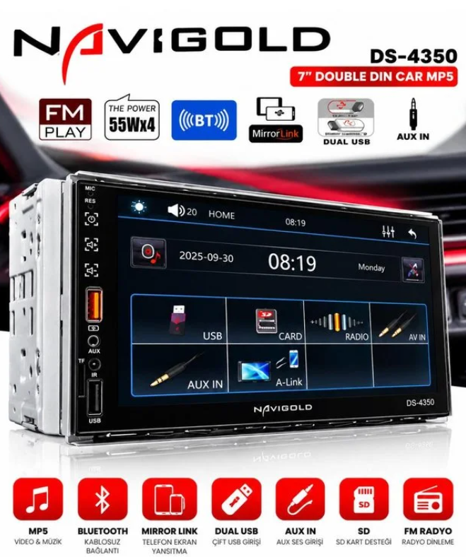 Navigold Ds-4350 Ekran Yansıtma Özellikli Double Teyp Amfi Çıkışlı Bluetooth-Usb Rgb Tuş Rengi Kamera