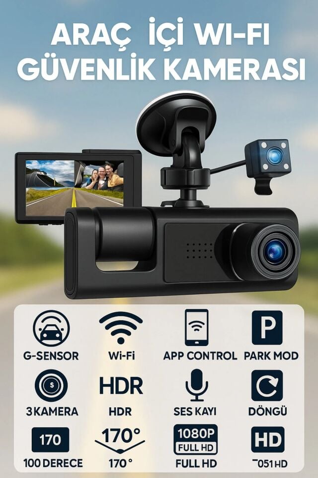 Mehter 1080P Dash Cam Full Hd Wifi Araç içi Kamera Ön Arka ve İç Kayıt 3 Kamera Gece Görüşlü G Sensör Geniş Açı
