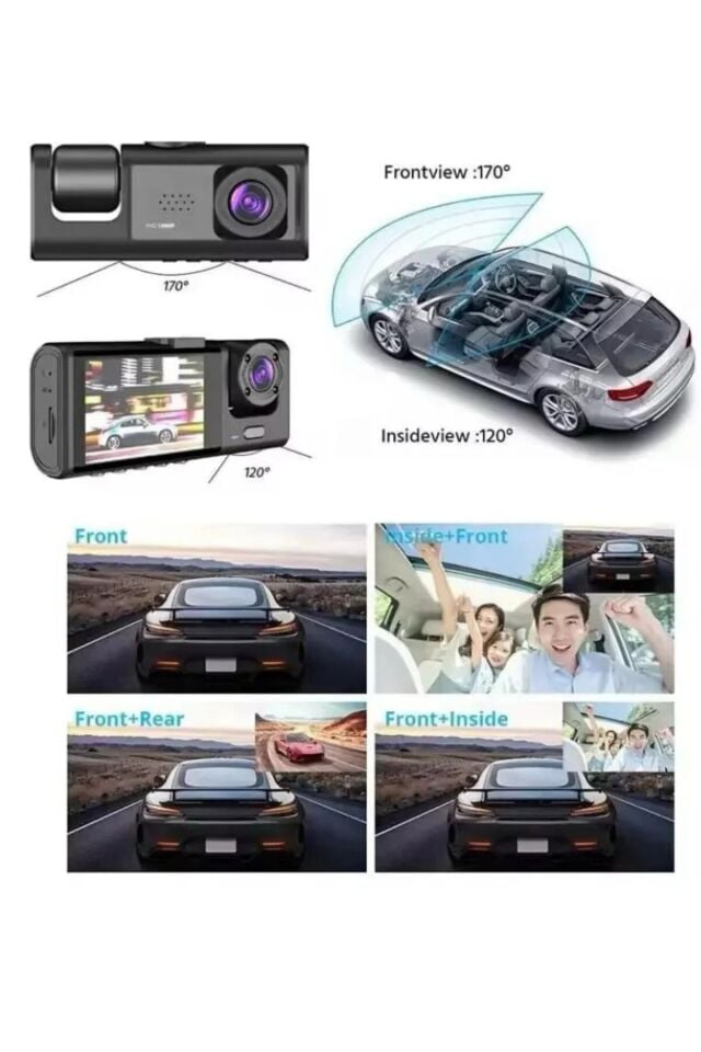 Mehter 1080P Dash Cam Full Hd Wifi Araç içi Kamera Ön Arka ve İç Kayıt 3 Kamera Gece Görüşlü G Sensör Geniş Açı