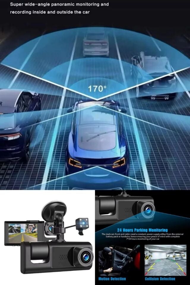 Mehter 1080P Dash Cam Full Hd Wifi Araç içi Kamera Ön Arka ve İç Kayıt 3 Kamera Gece Görüşlü G Sensör Geniş Açı