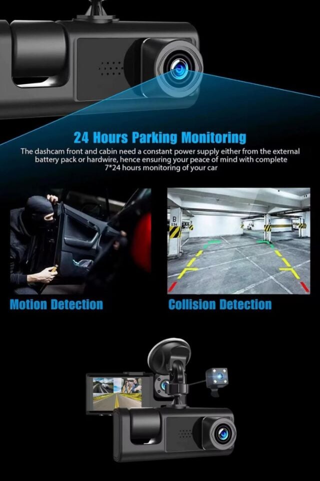 Mehter 1080P Dash Cam Full Hd Wifi Araç içi Kamera Ön Arka ve İç Kayıt 3 Kamera Gece Görüşlü G Sensör Geniş Açı