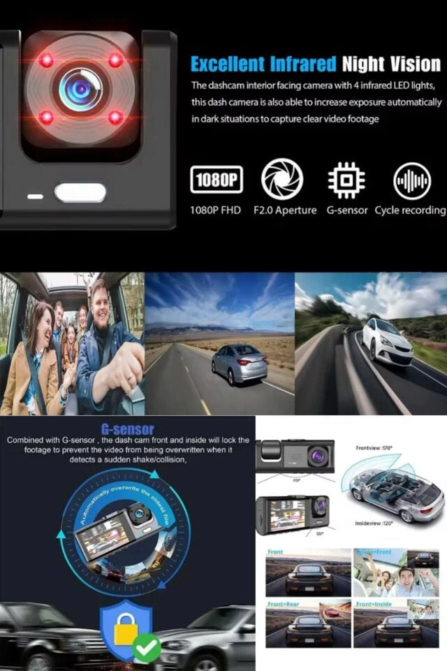 Mehter 1080P Dash Cam Full Hd Wifi Araç içi Kamera Ön Arka ve İç Kayıt 3 Kamera Gece Görüşlü G Sensör Geniş Açı