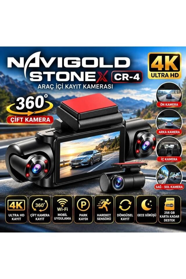 Navigold Cr-4 4 Kameralı 4K Ultra Hd 360 Araç İçi Kamera Full HD WiFi Destekli 256Gb Destekli Gece Görüş Döngüsel Kayıt Park Modu