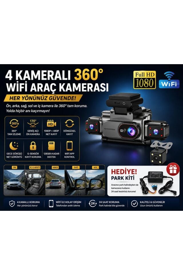 Navigold Cr-4 4 Kameralı 4K Ultra Hd 360 Araç İçi Kamera Full HD WiFi Destekli 256Gb Destekli Gece Görüş Döngüsel Kayıt Park Modu