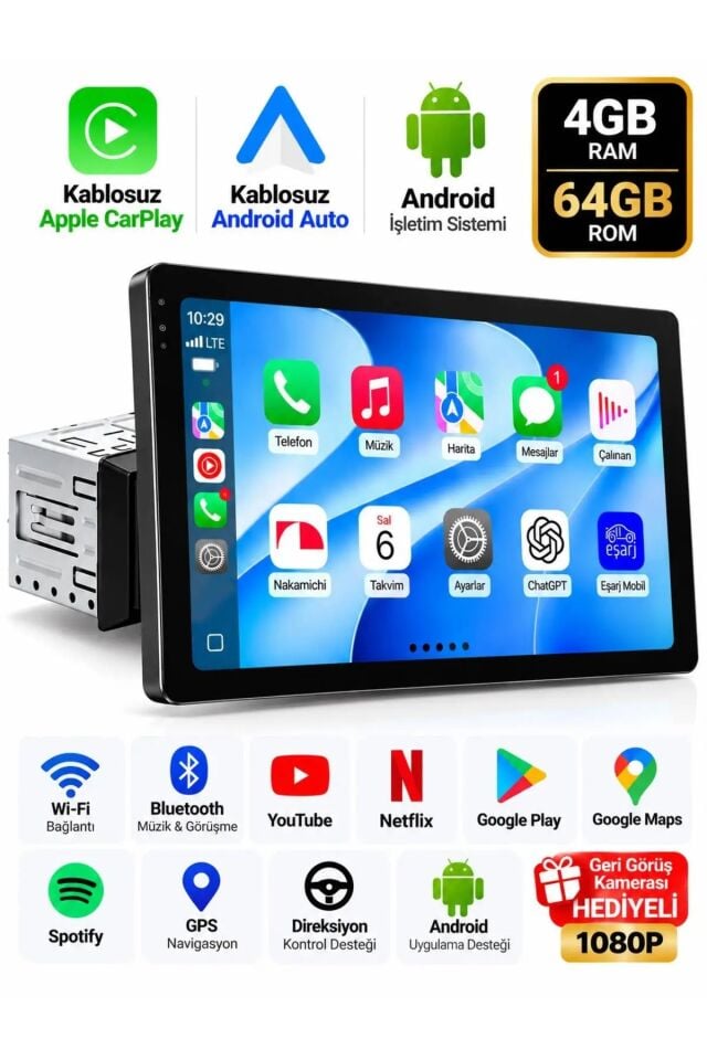 Mehter Nakamichi Aks-5500 4/64gb Android İnce Kasa Tek Din Oynar Kafa Oto Multimedya Teyp Car Play-usb-gps-wifi Kamera