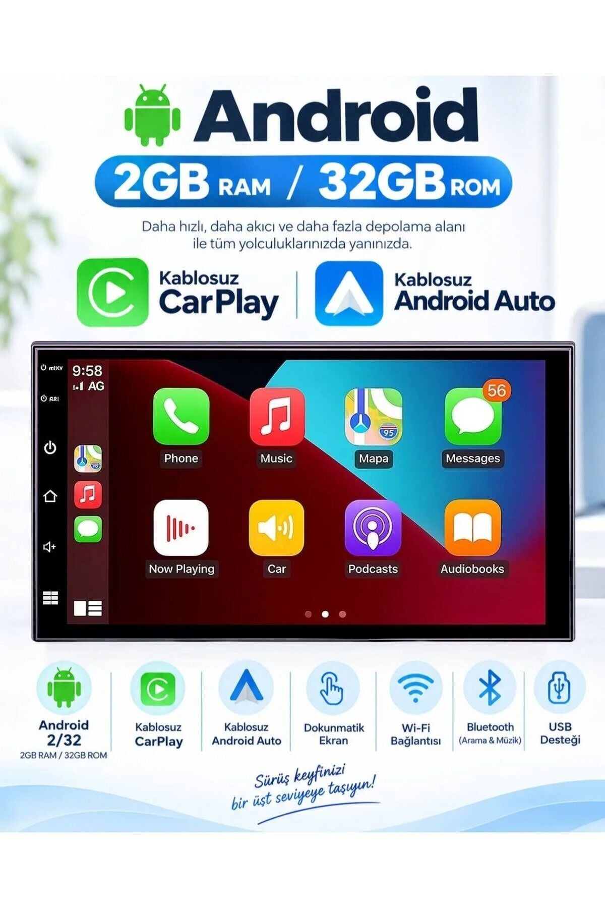 Mehter Aks-780 2Gb Ram 32Gb Hafıza Android Multimedya Car Playli Double Teyp 7inç Youtube Kamera
